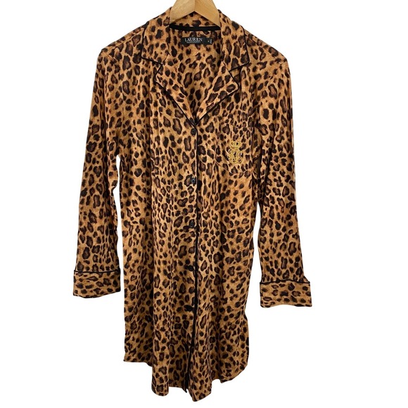 Lauren Ralph Lauren Womens Leopard Embroidered Crest Nightgown Sleep Shirt S NWT - Picture 1 of 14